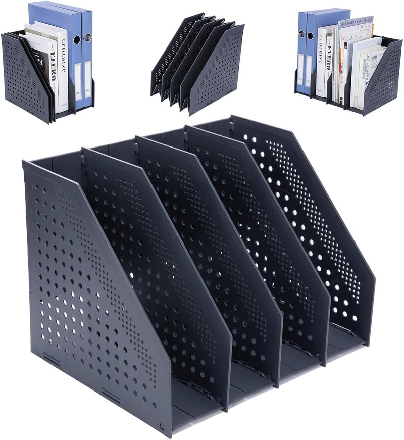 FRETONBA Collapsible Magazine File Holder with 4 Vertical Compartments Foldable Binder Holder for Desk Binder Storage Organizer Plastic Magazine Holders for Shelf, Dark Gray - Image 1